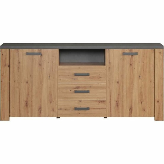 Buffet follow - mélamine chêne artisan et gris ardoise - 2 portes + 3 tiroirs - 180 x 40 x 83 cm