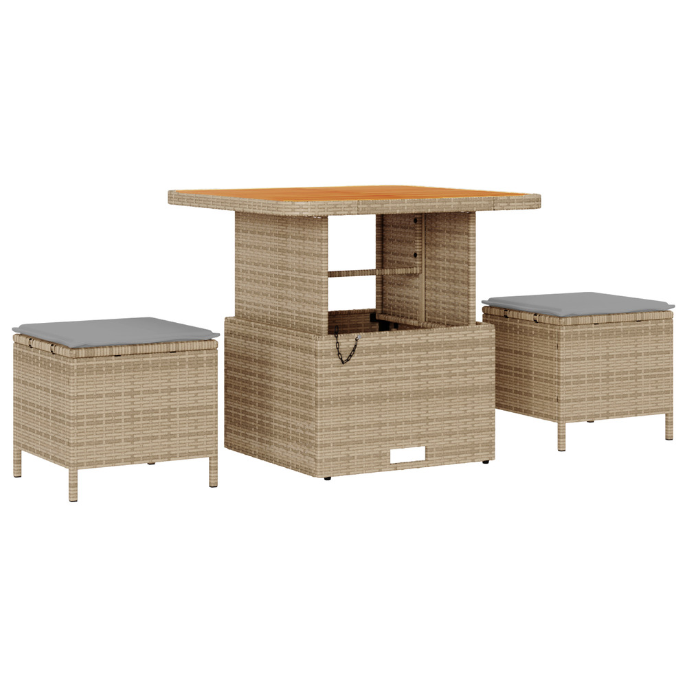 Ensemble de salle à manger de jardin 3 pièces avec coussins beige en poly rattan et acacia
