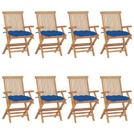 Chaises de jardin avec coussins bleu lot de 8 bois teck massif