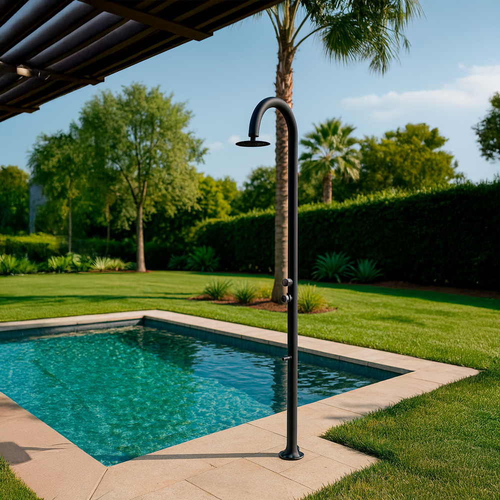 Douche noire en aluminium avec minuterie lavage pieds double entree eau