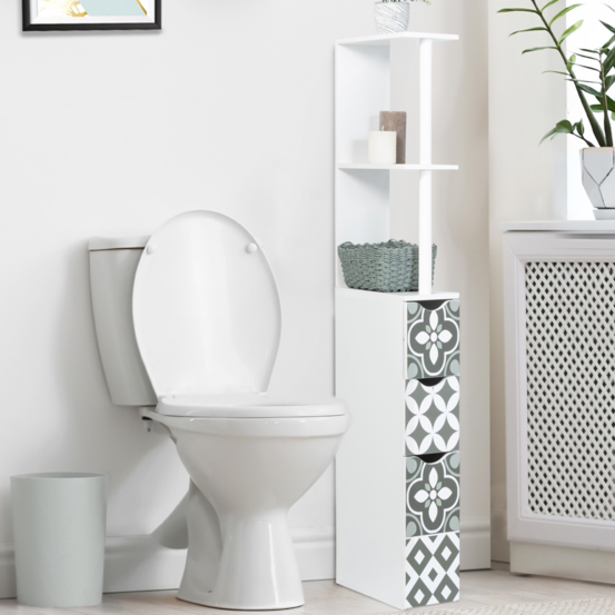 Meuble wc étagère bois willy 3 portes blanc et motif carreaux de ciment gris