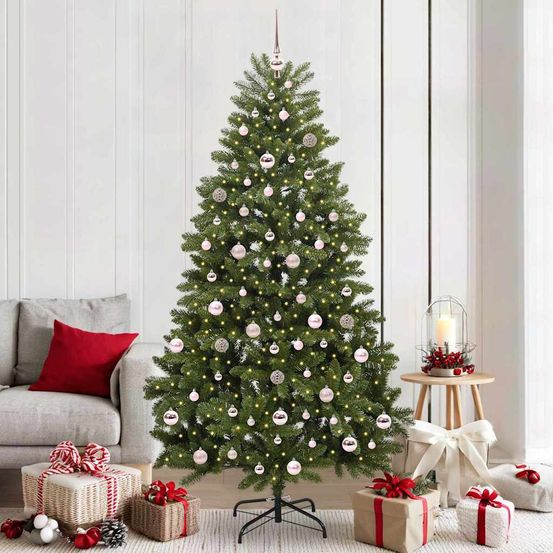 Sapin artificiel vert 2m10 lumineux, kit décoration complet avec boules et guirlande led
