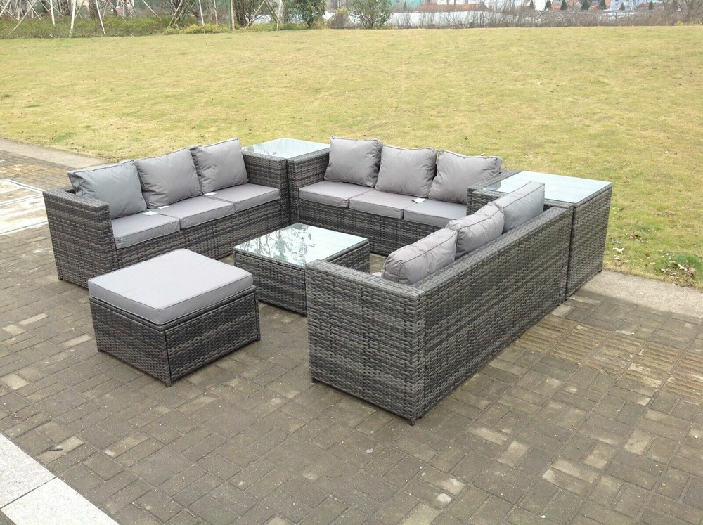 10 places canapé en rotin en forme de u ensemble de mobilier de jardin extérieur terrasse, 3 tables gris foncé mixte