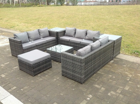 10 places canapé en rotin en forme de u ensemble de mobilier de jardin extérieur terrasse, 3 tables gris foncé mixte