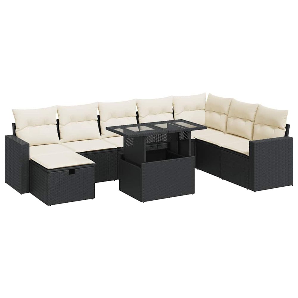 Salon de jardin 9 pcs avec coussins noir résine tressée