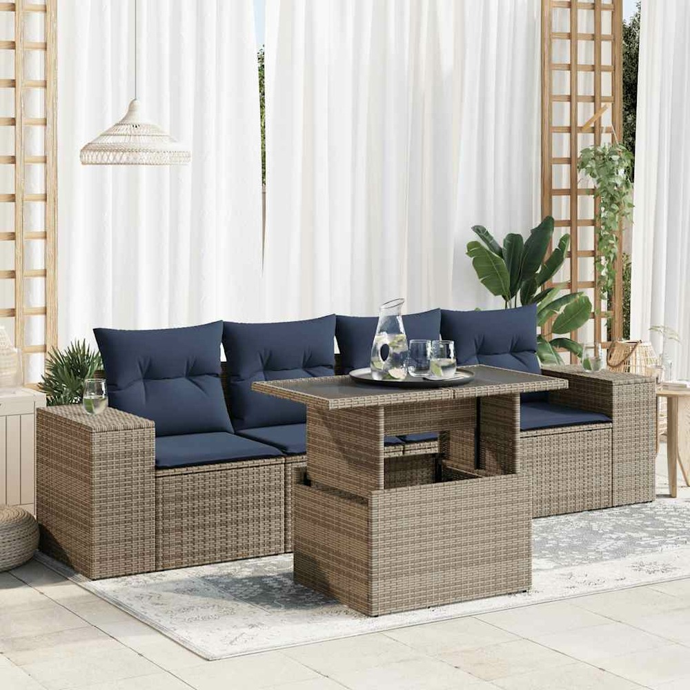 Salon de jardin 5 pcs avec coussins gris résine tressée acacia