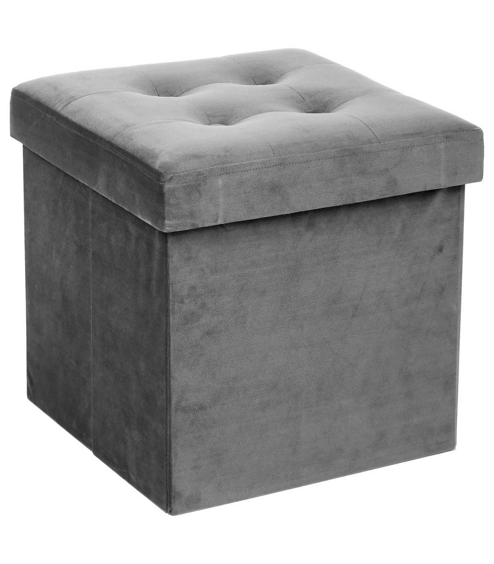 2 en 1 pouf pliant et coffre de rangement velours gris 38 x 38 cm