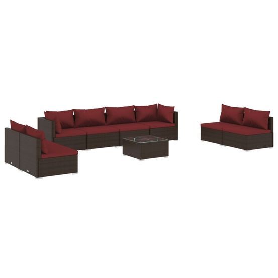 Salon de jardin 9 pcs avec coussins résine tressée marron