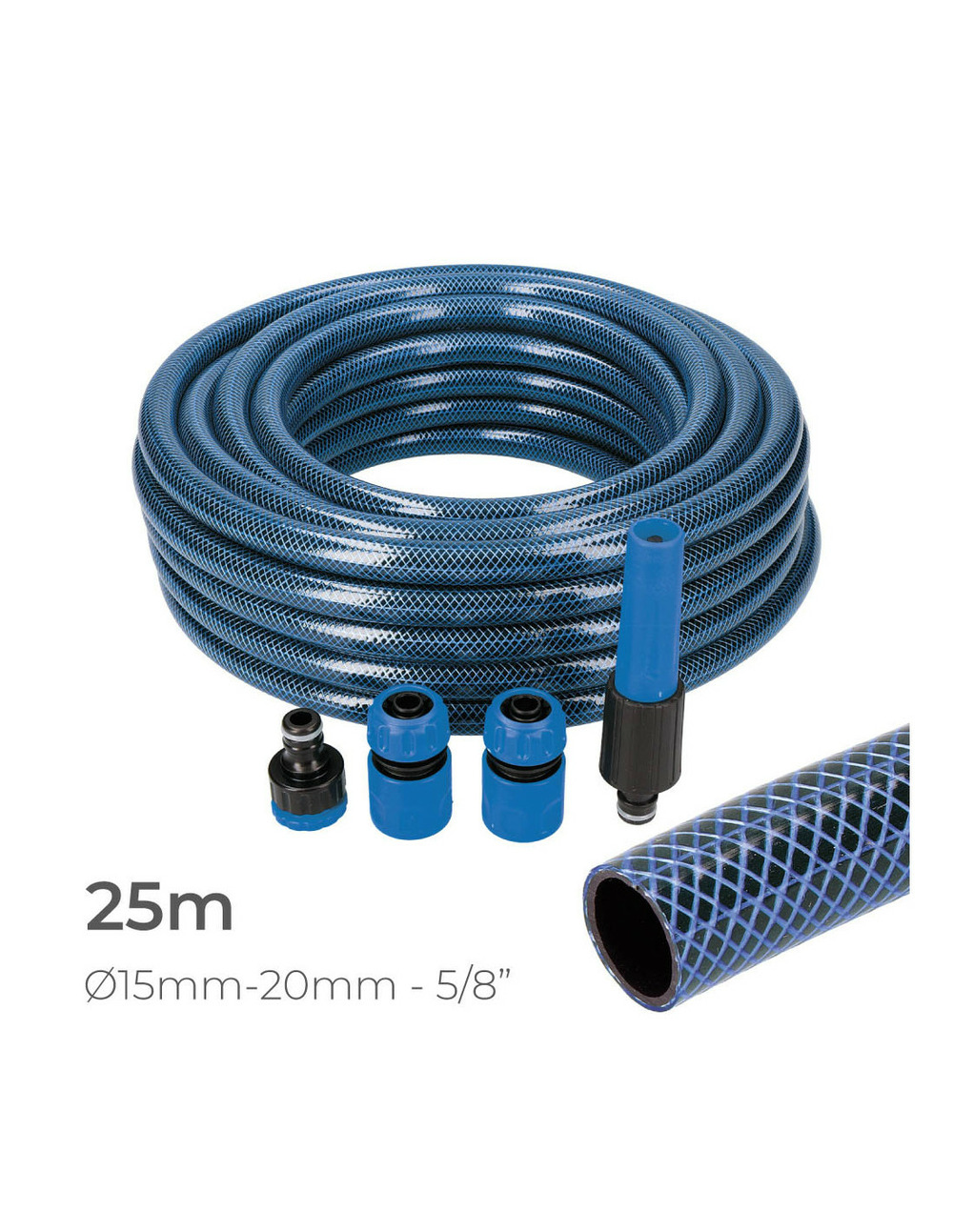 Kit tuyau d'arrosage bleu interior ø15mm exterior ø25mm (5/8'') rouleau 25m avec accessoires edm