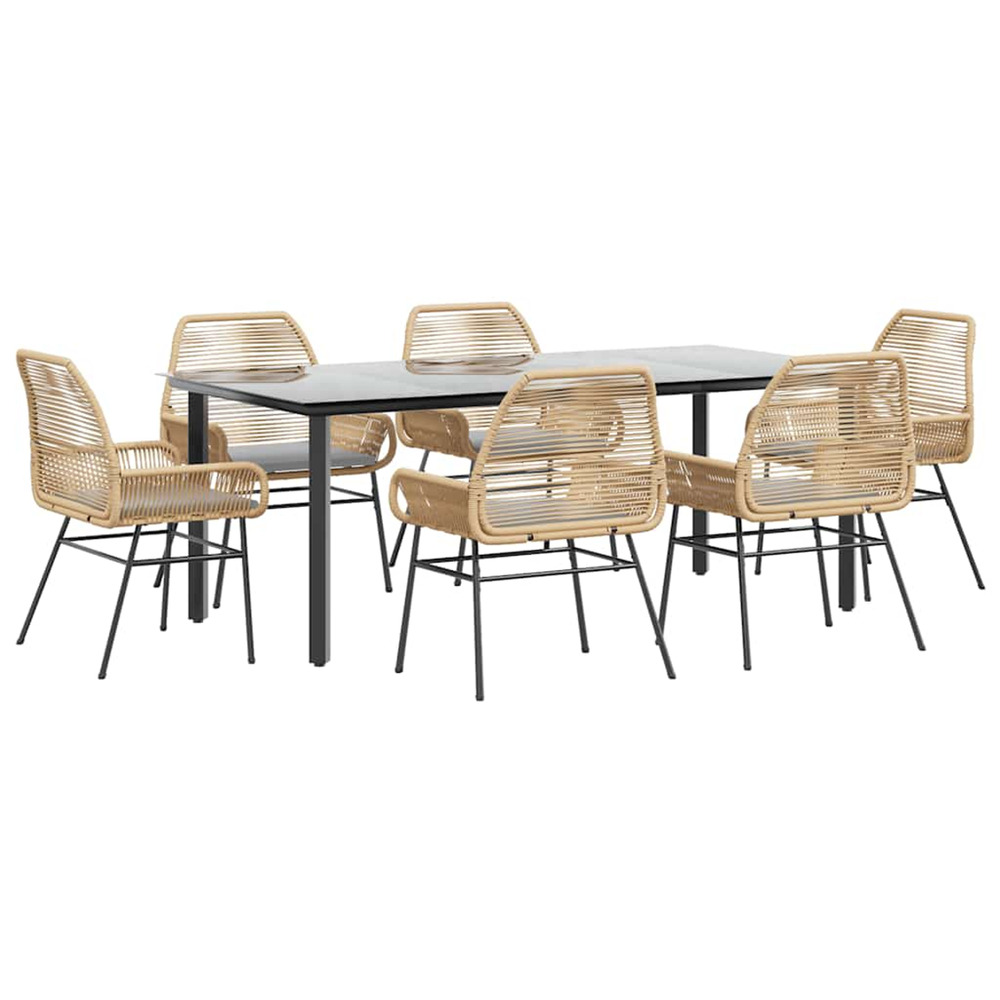 Ensemble à manger jardin coussins 7pcs marron poly rotin verre