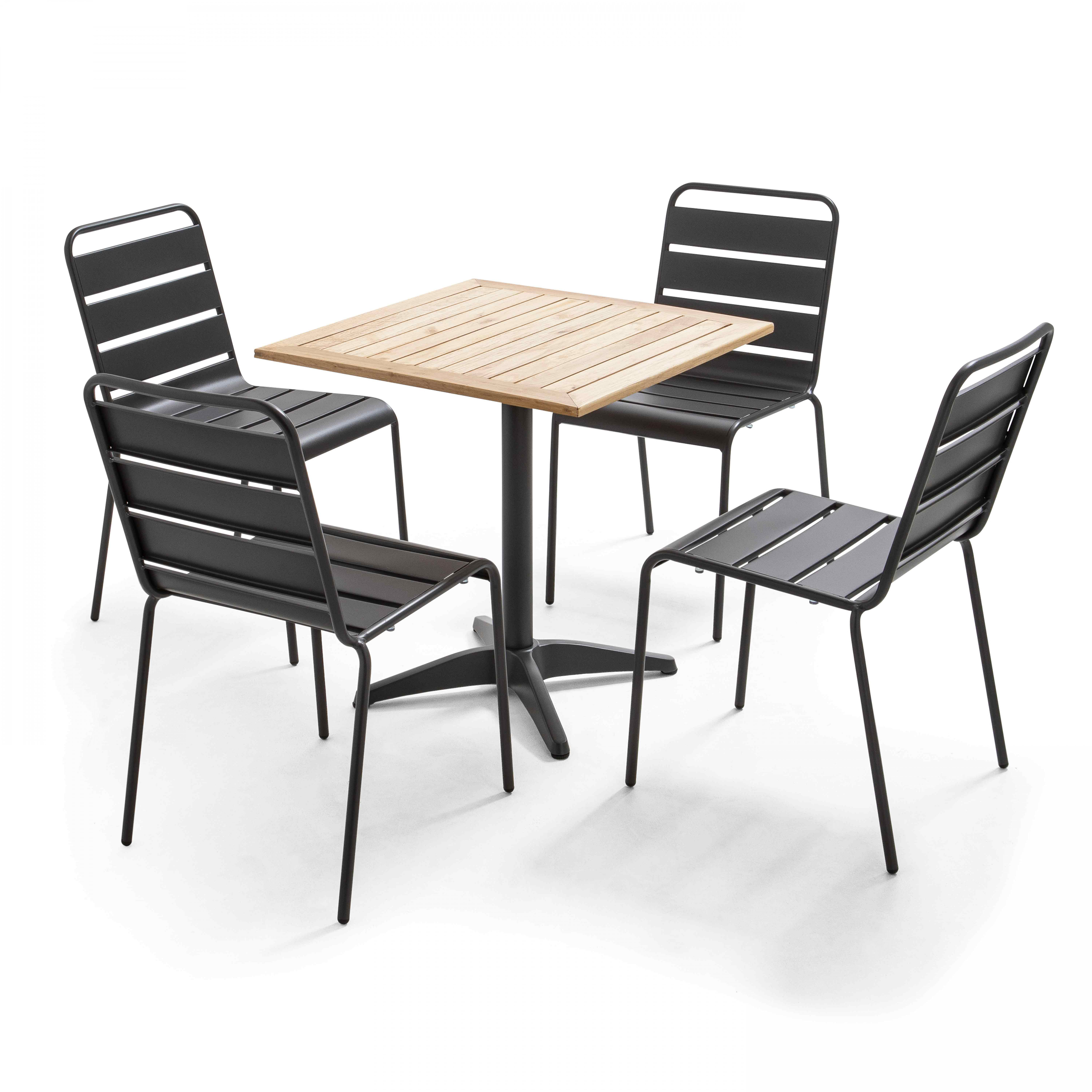 Ensemble bistrot table alumium et bois et 2 chaises en métal