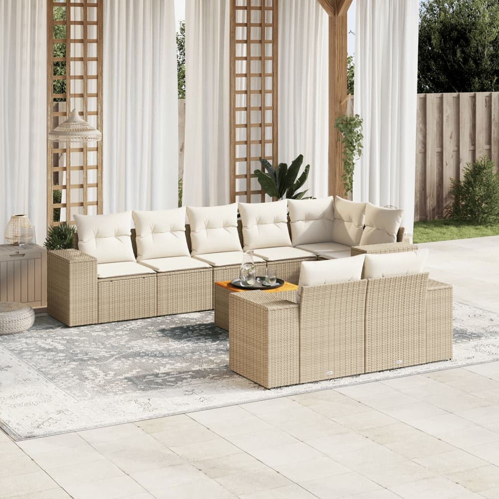 Salon de jardin avec coussins 9 pcs beige résine tressée