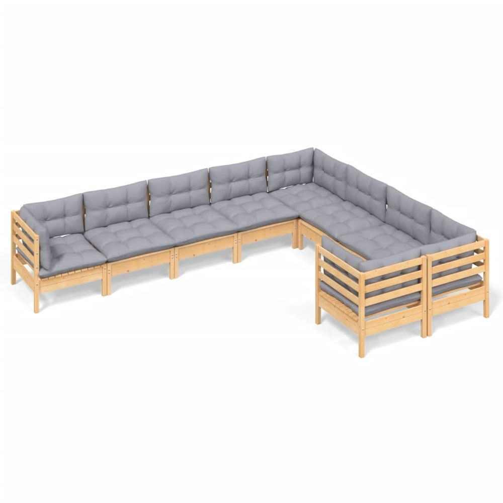 Salon de jardin 9 pcs avec coussins gris bois de pin
