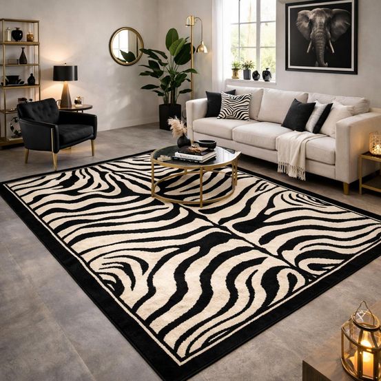 Tapis salle à manger 280x365 tissé noir rectangle motif animaux lyn1 zebro