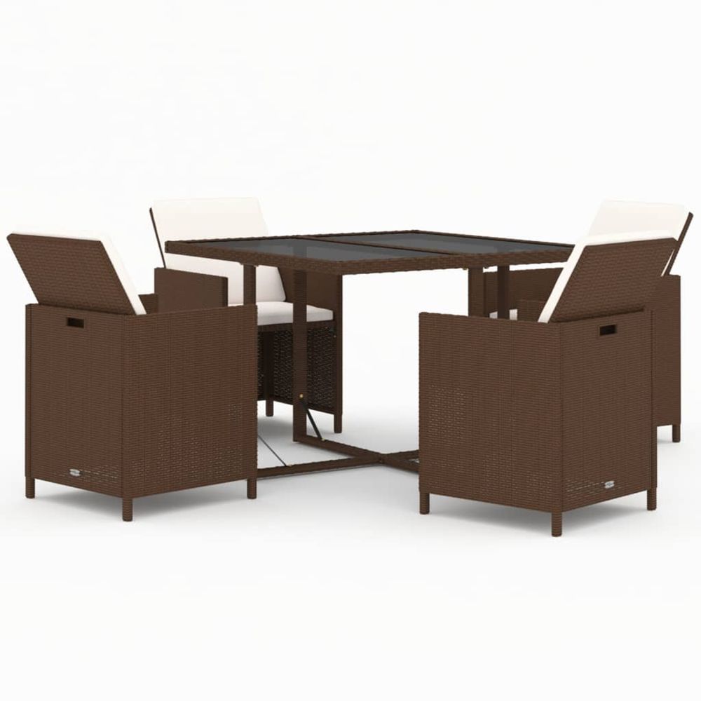 Ensemble à dîner de jardin avec coussins 5 pcs poly rotin brun
