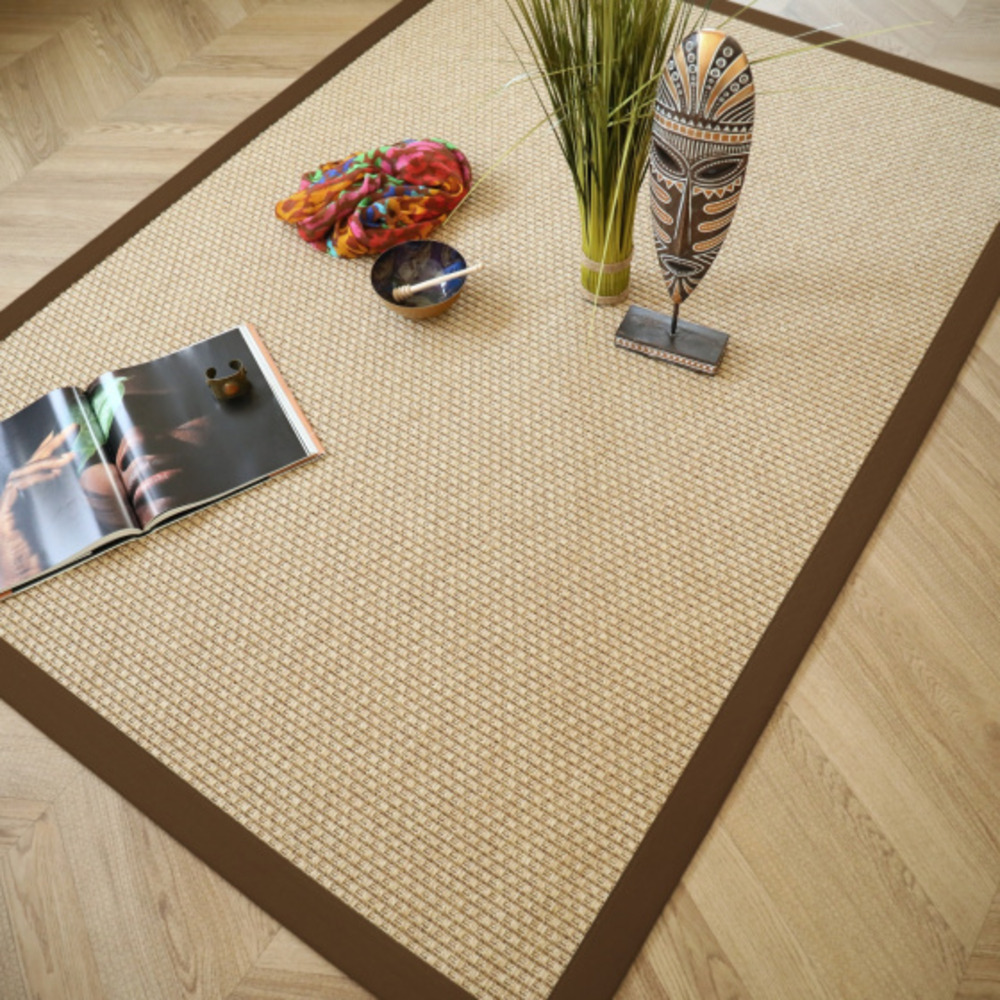 Tapis intérieur / extérieur natté - sumatra naturel - ganse marron - 160 x 230 cm
