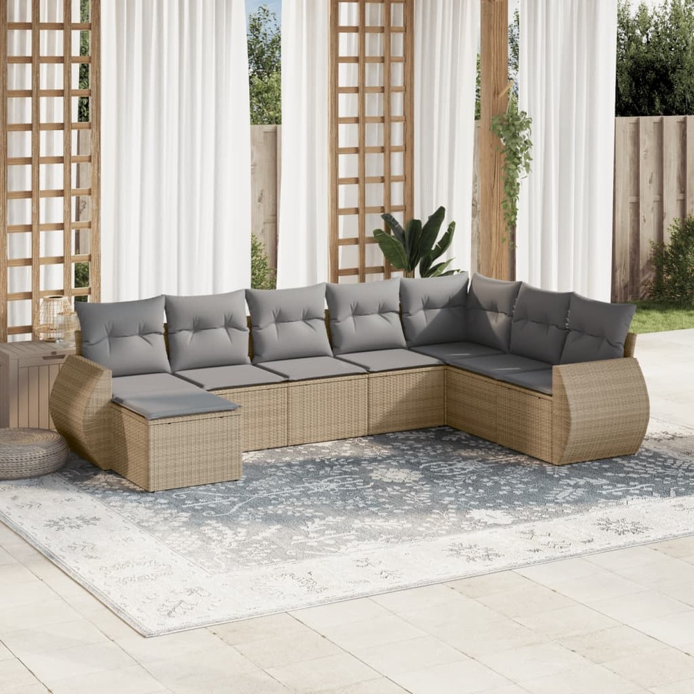 Salon de jardin avec coussins 8 pcs beige résine tressée