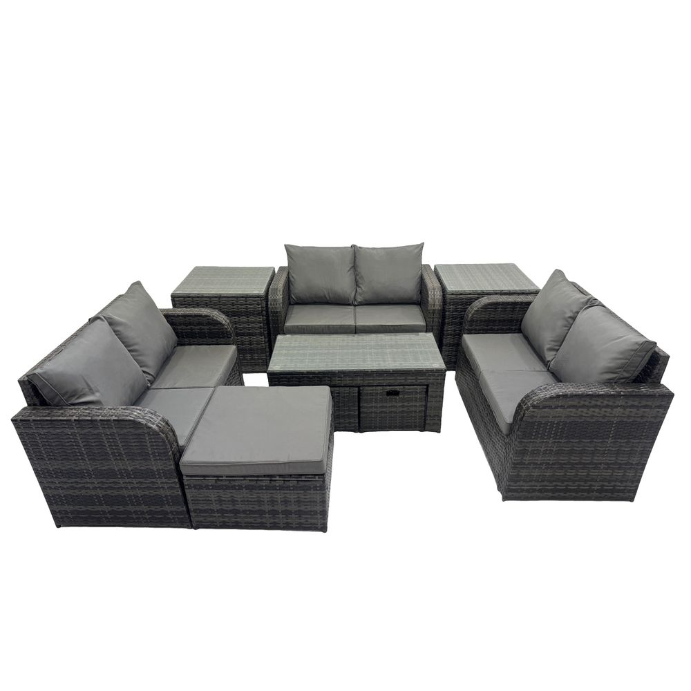 Ensemble de meubles de jardin en polyrotin 9 pièces avec table basse canapé à deux places 3 tabourets 2 tables d'appoint