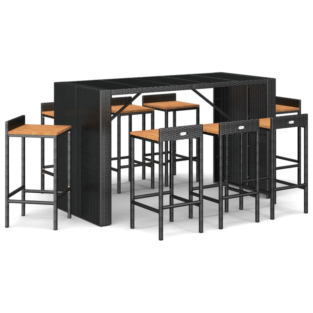 Ensemble de bar jardin 9 pcs noir poly rotin/bois massif acacia