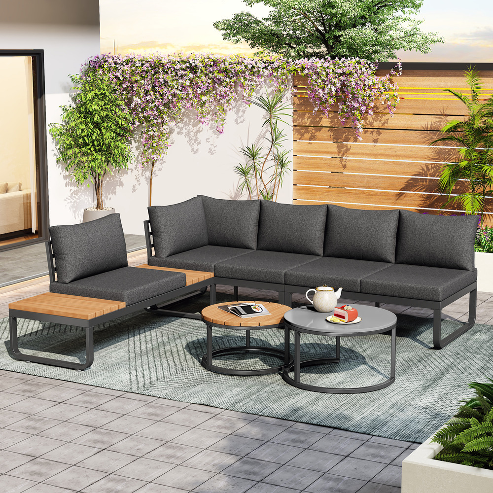 Mobilier jardin 4-5 pers: 2 tables basses empilables, acier galvanisé, coussins, pieds réglables gris