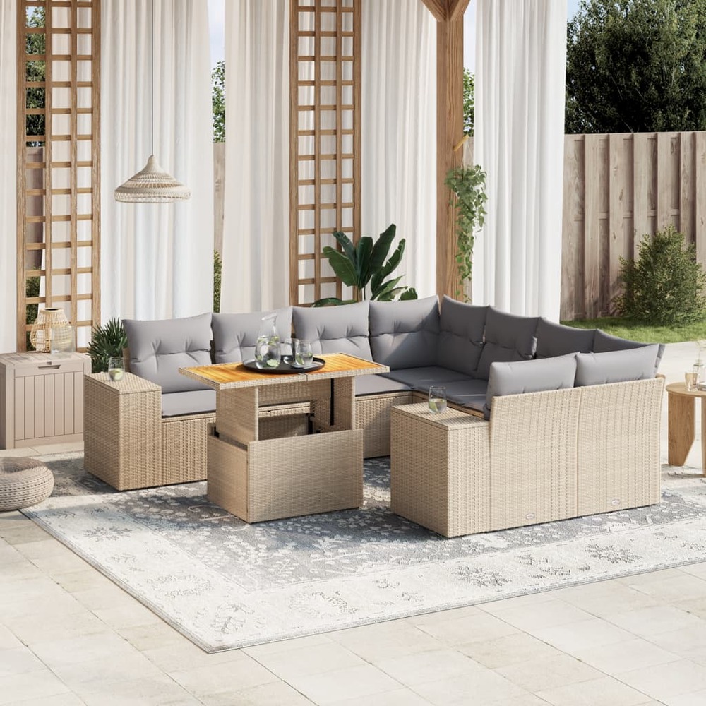 Salon de jardin avec coussins 9 pcs beige résine tressée
