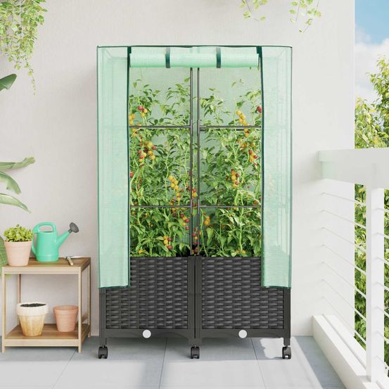 Lot jardinières serre pp aspect rotin protection plantes avec roulettes 80x40x144cm noir