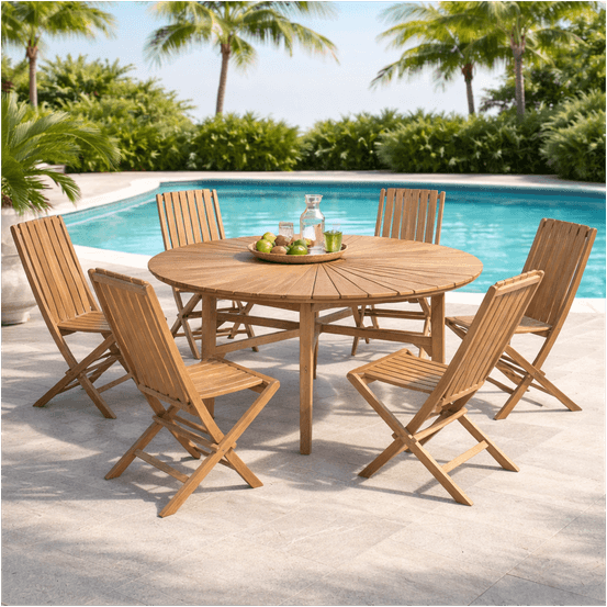 Ensemble table ronde en teck et 6 chaises pliantes