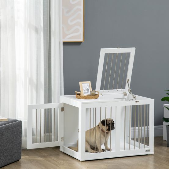 Cage chien intérieur bois acier design meuble 2 portes blanc 80cm