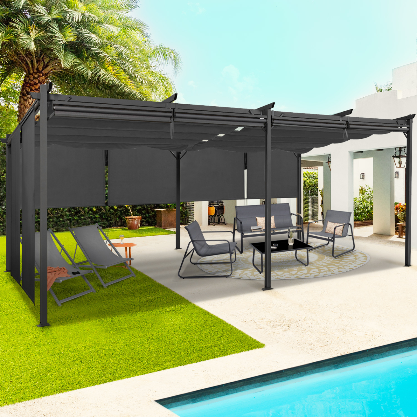 Pergola édition spéciale toit rétractable 3x6 m et 6 stores gris anthracite