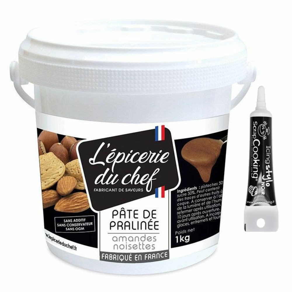 Pâte de praliné amandes noisettes 1 kg + stylo de glaçage noir