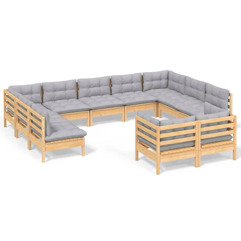 Salon de jardin 11 pcs avec coussins gris bois de pin solide