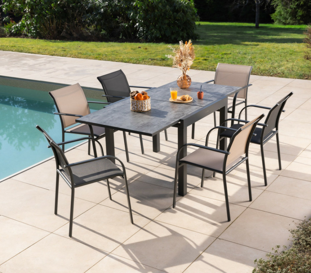 Ensemble table et chaises de jardin - 6 places - anthracite et lin - honfleur beziers ardoise