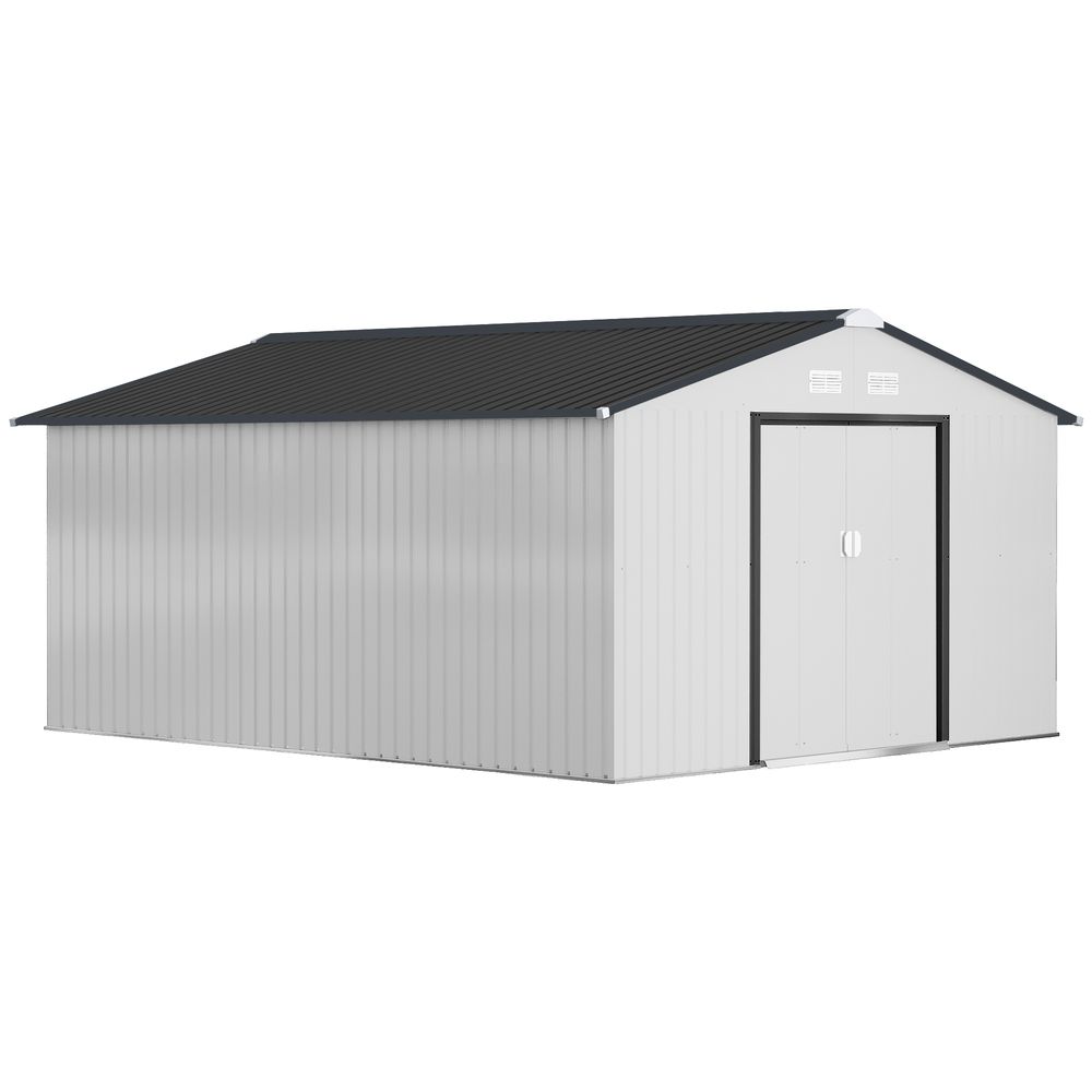 Grand abri de jardin acier rangement outillage 4 aérations toit incliné 386x340cm blanc - comfortxl outdoor living