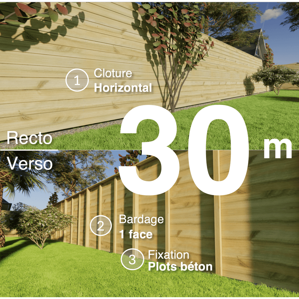 Kit clôture bois moderne 30m – h 1,9m – 21 x 130 mm autoclave vert – pose horizontal – simple face – à sceller