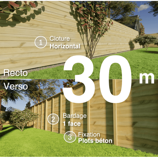 Kit clôture bois moderne 30m – h 1,9m – 21 x 130 mm autoclave vert – pose horizontal – simple face – à sceller