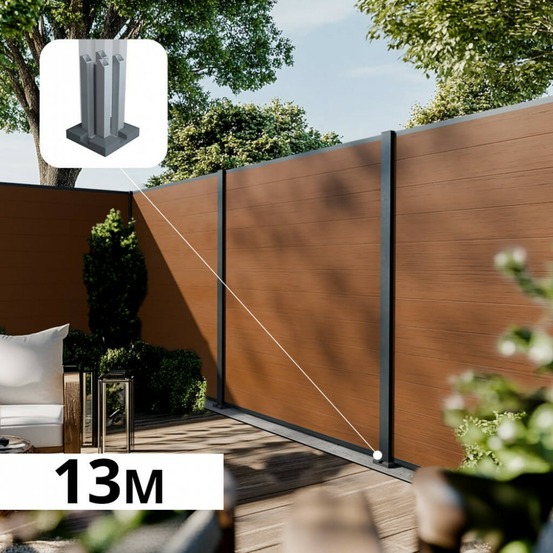 Kit clôture composite cruz teck 13x1,8m - bois composite & aluminium - poteaux sur platines gris - brise vue - palissade