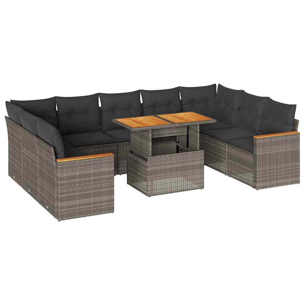 Salon de jardin avec coussins 10 pcs gris résine tressée acacia