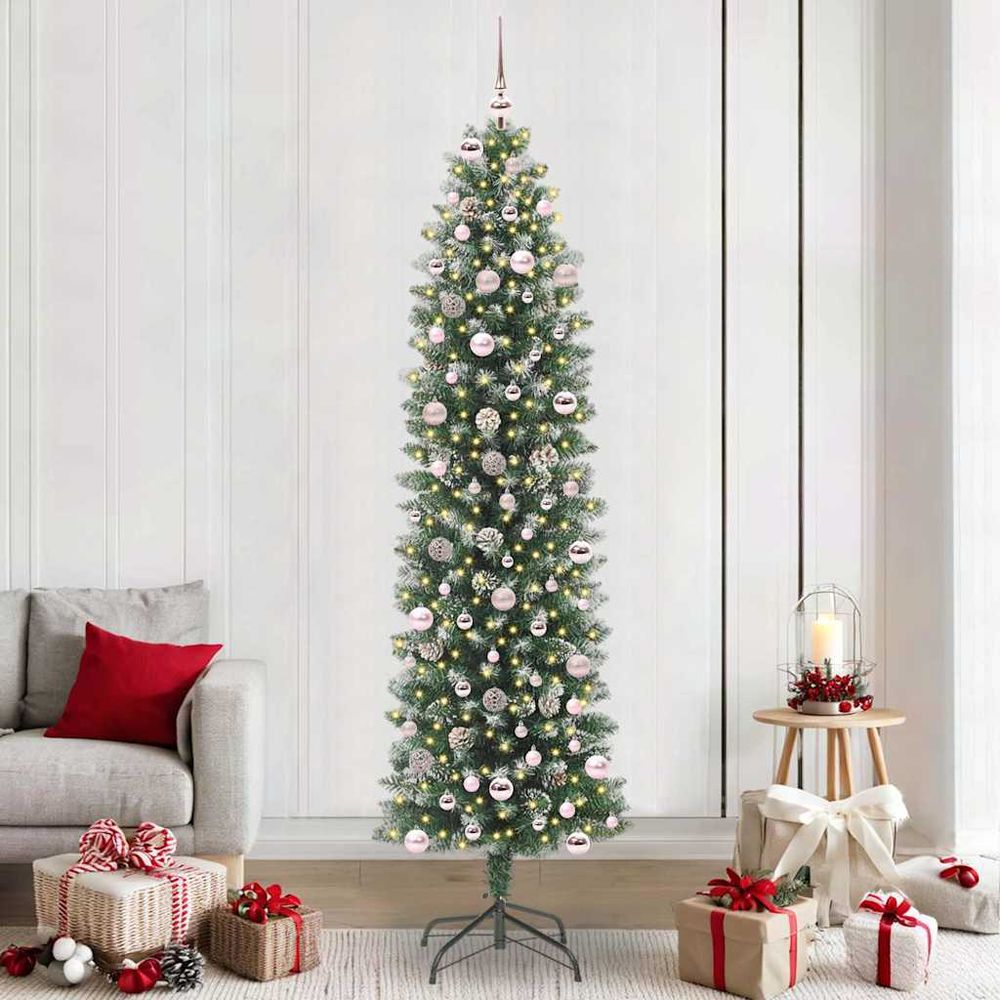 Sapin de noël pré-éclairé haut de 240 cm, design fin enneigé avec guirlande 300 led intégrée