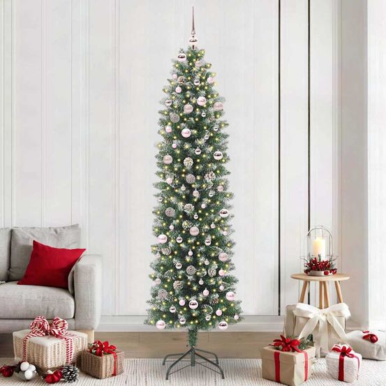 Sapin de noël pré-éclairé haut de 240 cm, design fin enneigé avec guirlande 300 led intégrée