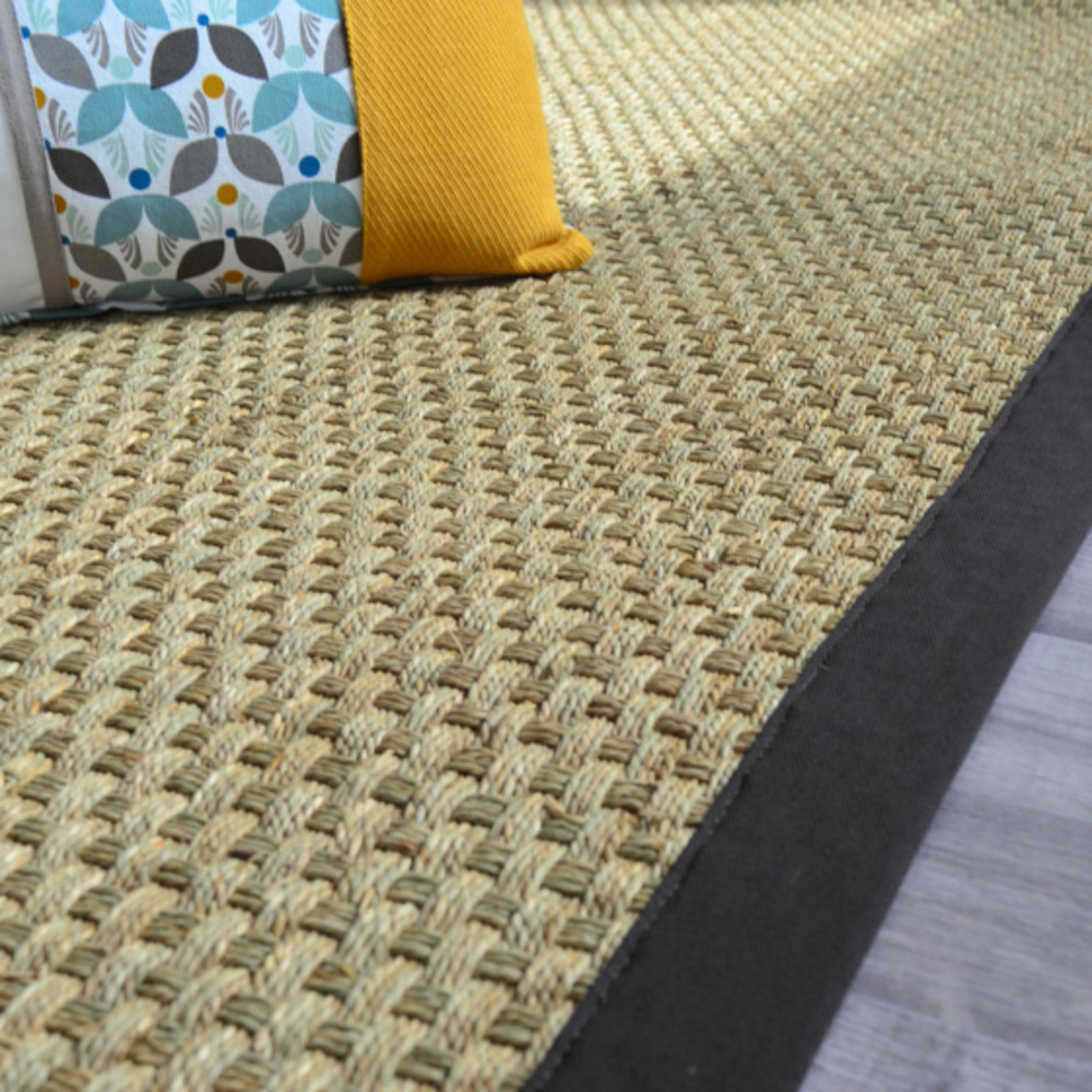 Tapis jonc de mer - paro fin natté 4x4 - ganse coton noire - 200 x 200 cm