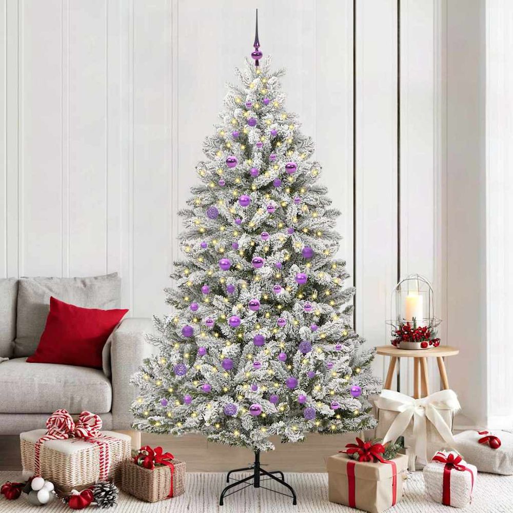 Sapin artificiel majestueux enneigé 210 cm, décoration tout-inclus avec led