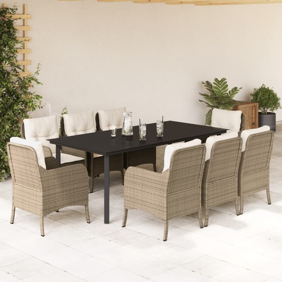 Ensemble à manger de jardin et coussins 9 pcs beige poly rotin