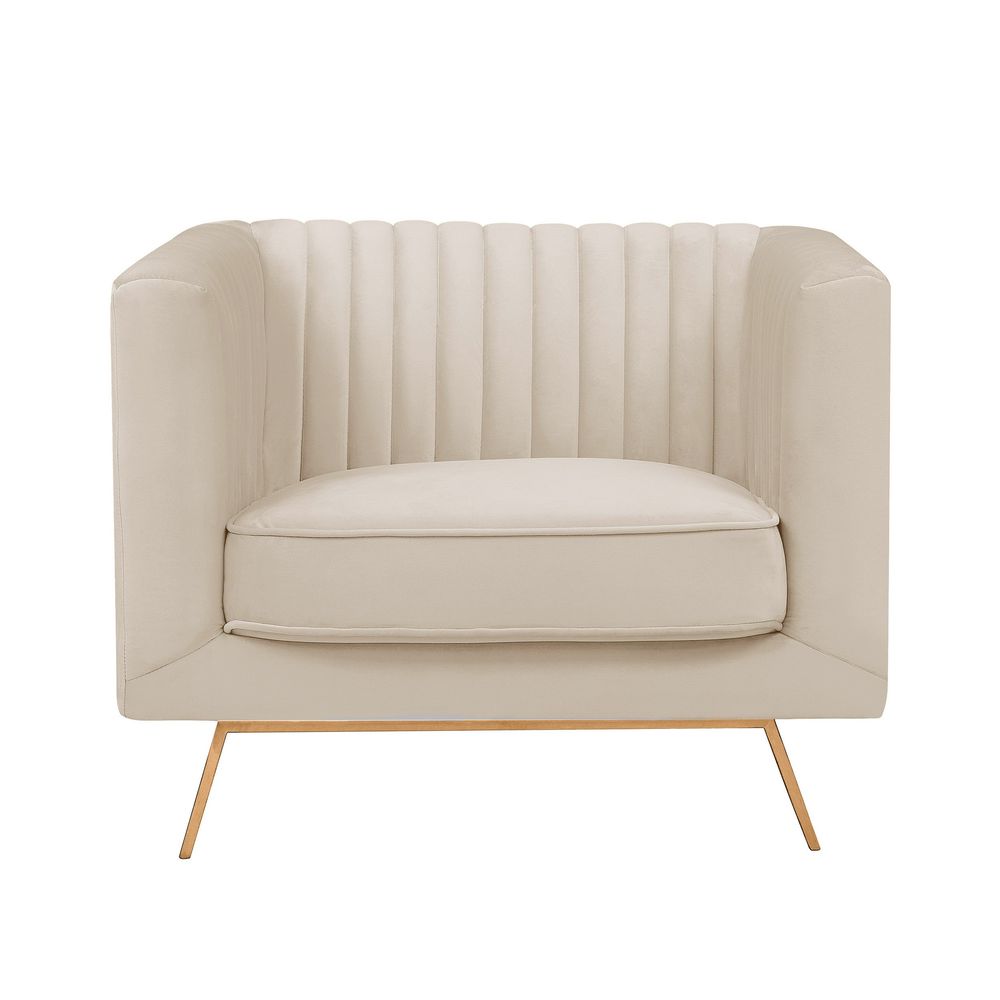 Gatsby-fauteuil en velours beige et pieds en métal doré