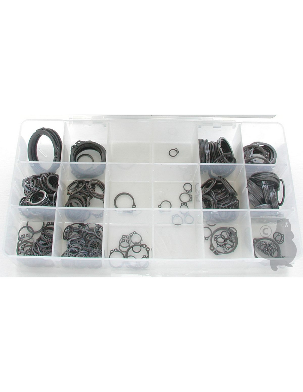 Coffret composé d'un assortiment de 300 circlips.