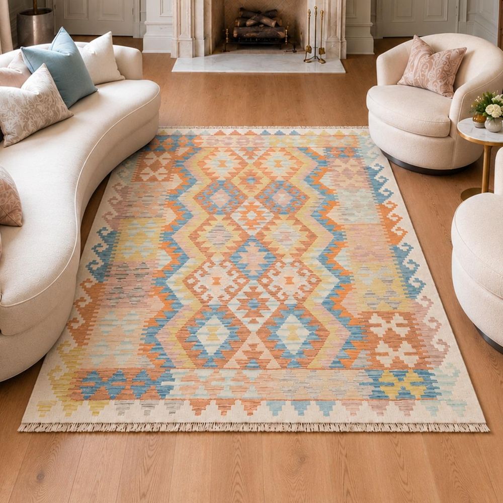 Tapis kilim 128 x 173 cm, multicolore bleu et orange, laine naturelle, kilim 85