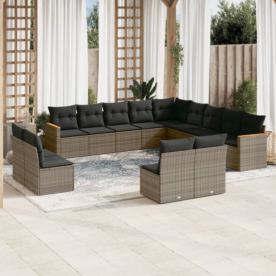 Salon de jardin avec coussins 13 pcs gris résine tressée