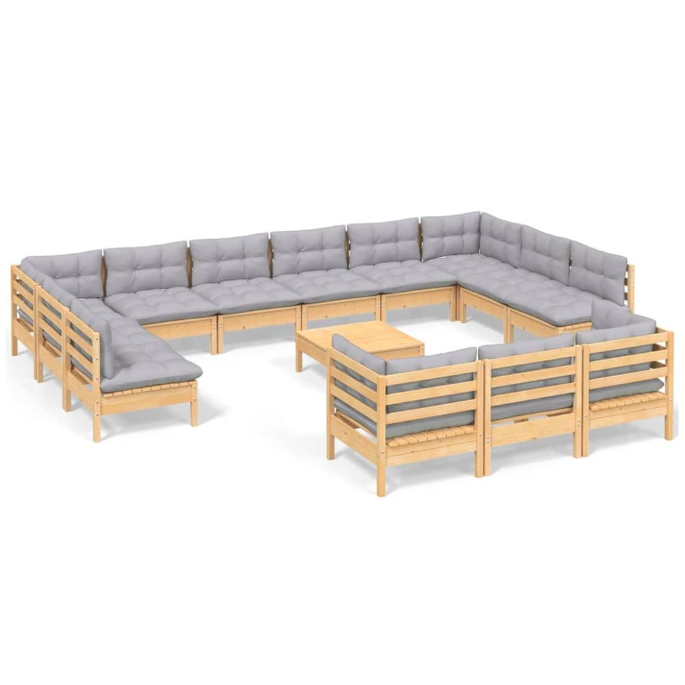 Salon de jardin 14 pcs avec coussins gris bois de pin