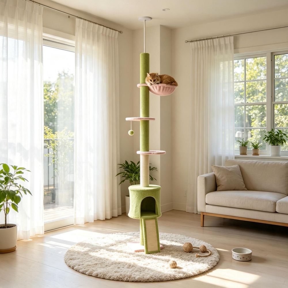 Arbre à chat plafond bois aggloméré vert 30 x 25 x 220-240 cm 5 niveaux griffoir
