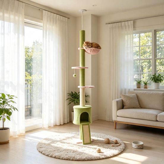 Arbre à chat plafond bois aggloméré vert 30 x 25 x 220-240 cm 5 niveaux griffoir