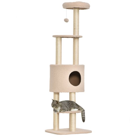 Grand arbre à chat 148cm en polaire douce avec niche plateformes et griffoirs en sisal beige